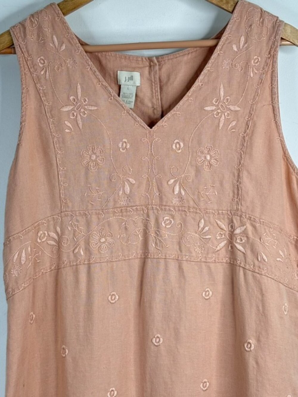 J Jill 100% Linen Babydoll Dress L Embroidered Sleeveless Boho Coastal Cottage - Picture 3 of 10